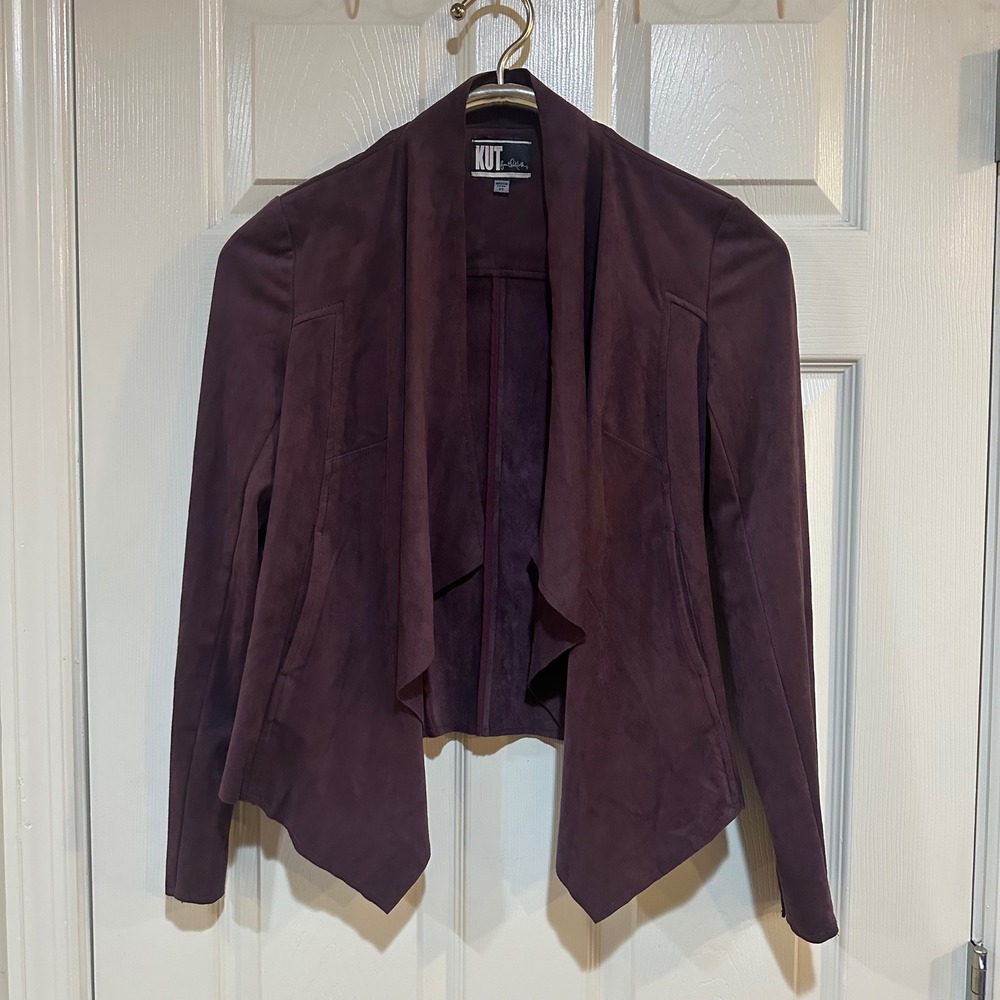 Kut from the Kloth Faux Suede Draped Open Front Jacket Plum Burgundy KJ25001‎ XS